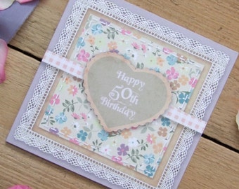 Lilac 50th Birthday Card - Country Garden Vintage Scrapbook Style