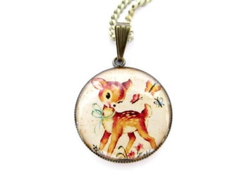 Bambi Necklace/ Kids Gold Jewelry/ Deer Necklace/ Gold Necklace For Girls/ Retro Girl Necklace/ Bronze Charm Necklace/ Animal Necklace