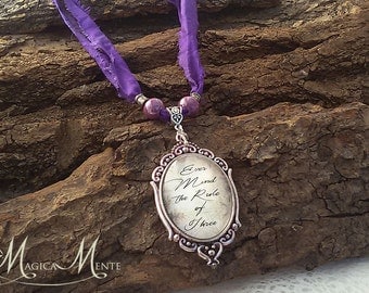 Pink Rede - Necklace with Glass Cabochon, sari silk ribbon and Wicca Rede
