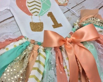 Hot Air Balloon + Age 3 Piece Coral, Peach, Mint, and Gold Glitter Birthday Outfit Including Onesie/Shirt, Fabric Tutu, & Headband or Clip