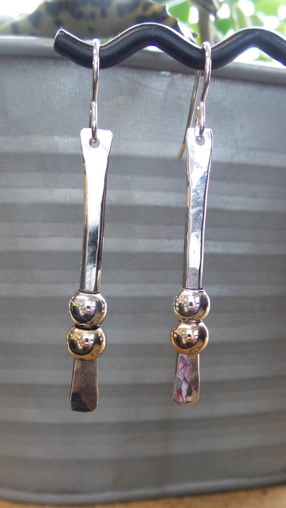 Handmade Sterling Silver Hammered Long Drop Earrings With 5653