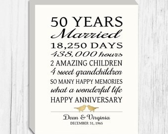 50th Anniversary Gift Canvas Golden Anniversary 50 Years Personalized Print Faux Gold Birds Keepsake Gift Parents Custom Words