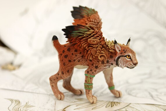 Winged Bobcat totem figurine lynx miniature figure