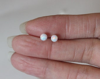 White opal earrings, opal stud earrings, tiny stud earrings, Tiny Ball stud earrings, children earrings, teeny tiny studs dot earrings.