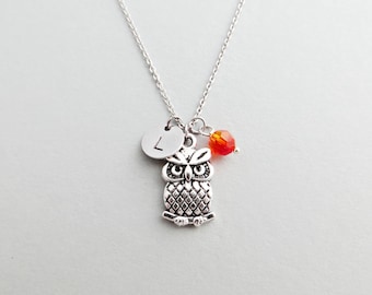 Owl Initial Necklace Personalized Hand Stamped - with Silver Owl Charm and Custom Bead
