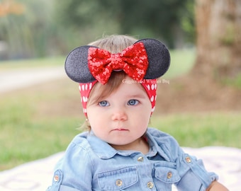 Baby girl headband, mouse inspired head wrap, mouse ears, baby head wraps, baby bows, infant headbands, red and black, mouse birthday