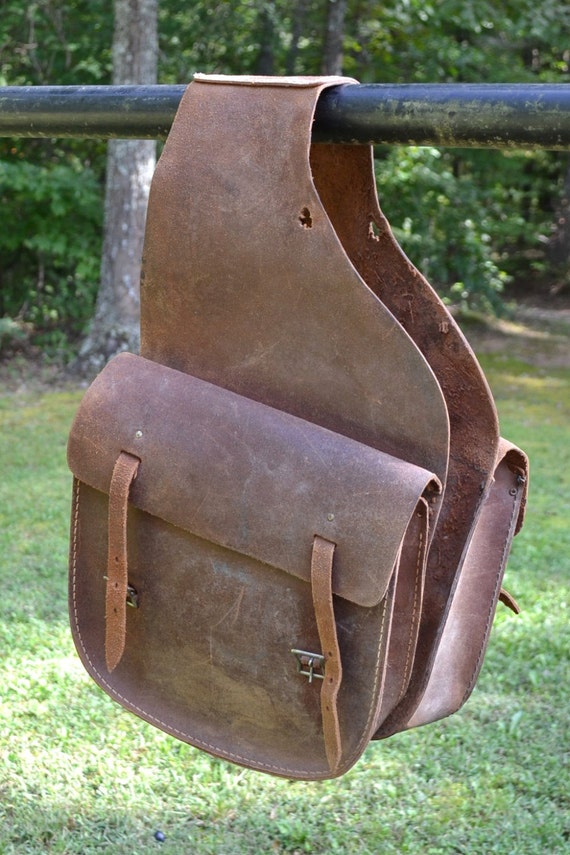Vintage Leather Saddle Bags Horse Accessory Brown Worn Rustic