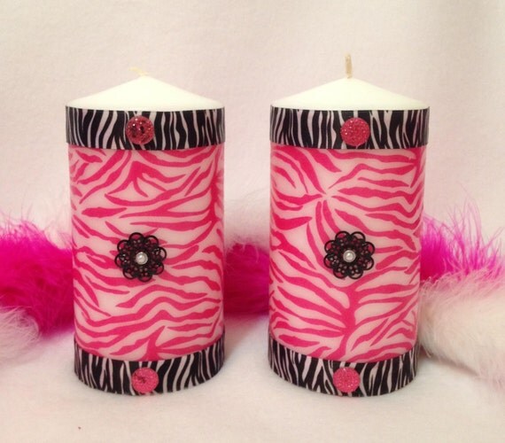 Pink Zebra Pillar Candles/ Zebra Print by CreativeGlassByBecky
