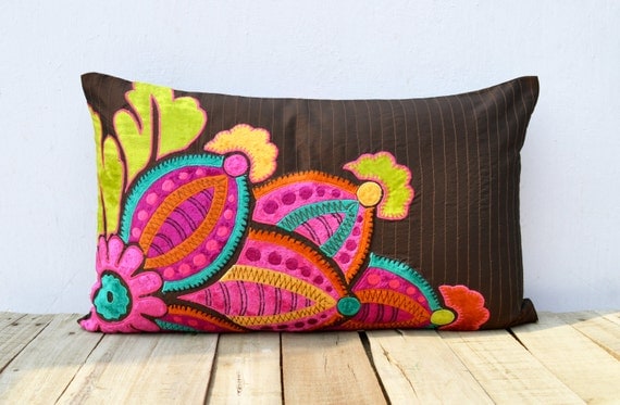 Embroidered vibrant colored throw pillow cover rayon velvet