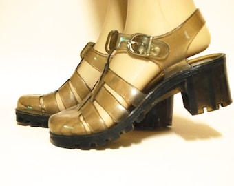 Jelly Shoes 90s Vintage Clear Plastic T Bar Sandals Lollipops Vtg Rubber Heel Clubkid Kawaii 1990s Kitsch Size 6 37