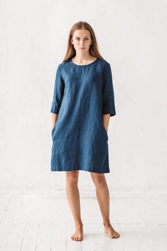 Robe lin robe lin bleu marine robe lin minime tunique de