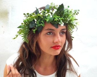 St. Patrick's hair wreath, Green leaf crown, Lana del Rey,Baby's breath headpiece, White wedding wreath, Bridal headband