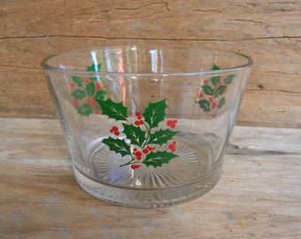 Vintage Indiana Glass Holly Berry Ice Bucket / Serving Bowl / Holiday Glass Serving Bowl / Centerpiece