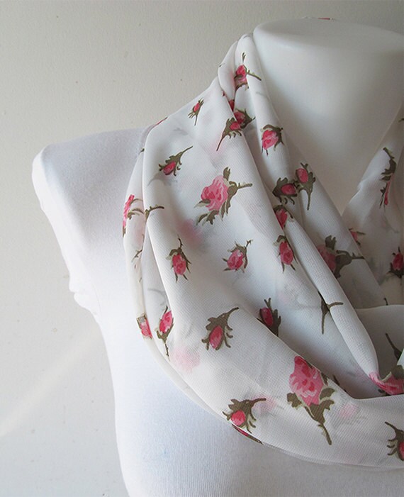 Rose Infinity Scarf Pink Rose Pattern Chiffon Scarf White