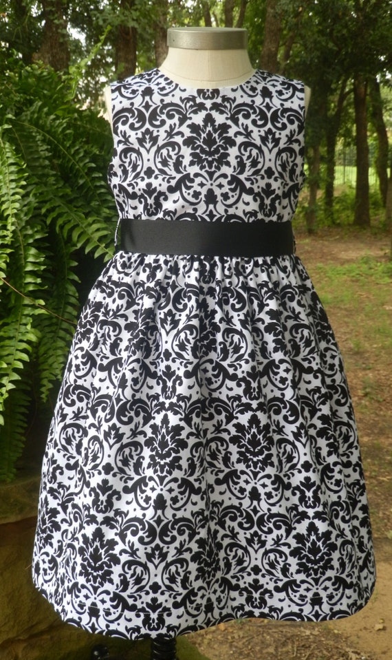 Girls Dress matches Doll Dress...Black and White Damask