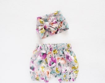 Baby Gift Set, Baby Shower, Kids Gift, Head Wrap and Bloomers Set, Watercolor Floral Shorts, Newborn - 3T
