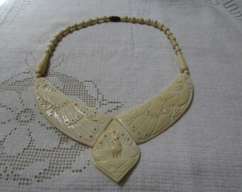Vintage stunning carved bone peacock statement necklace tribal boho hippie