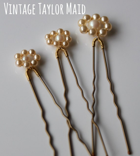 Decorative hair pins trio pearl ivory gold vintage bridal