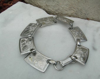 Vine Engraved Link Bracelet Vintage Vine Leaf Motif Silver Bracelet