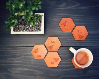6 Personalized Leather Coasters, Custom Leather Coaster set, Hexagonal Geometric, Handmade housewarming wedding anniversary gift. Honey Bee