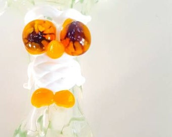 Green Silver Fumed Color Changing Yellow & White Owl with Flower Stamp Hand Blown Glass Tobacco Pipe