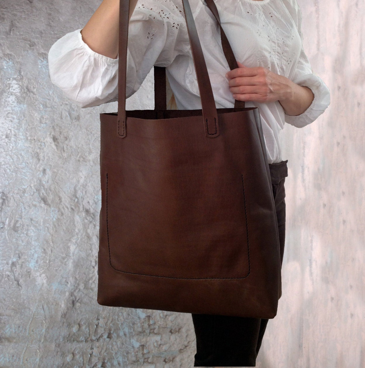 Hand stitch leather tote bag Large shopping tote bag natural