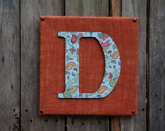 Orange canvas with the letter D, burlap canvas wood letter canvas art burlap art home decor letter D floral print decoupage scrapbook