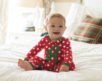 Polkadot Christmas Pajamas red and white polka dot personalized custom monogramed name monogram santa baby girls newborn