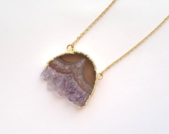Gold Dipped Amethyst Slice Necklace Rough Raw Crystal Pendant Amethyst Rough Raw Purple Stone Crystal Cluster Amethyst Jewelry Boho Pendant