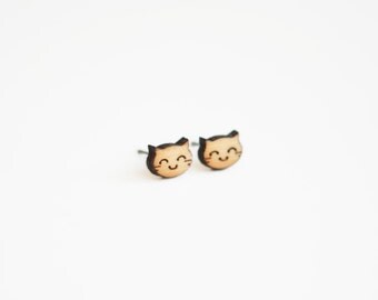 Kitty Earring | Gift for Cat Lovers | Cat Lover Gift | Hypoallergenic Stud Earrings | Cute Earrings | Wood Earrings | Titanium Earring Studs