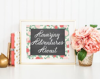 Amazing Adventures Await Printable Art Print 8x10 Cottage Chic Roses Shabby Nursery Art Nursery Decor Baby Shower Decor Download