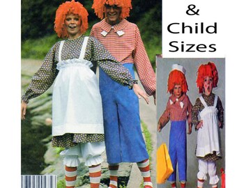 RAGGEDY ANN, ANDY, McCalls 2655, 5254, 7232, Adult Costume, Child Costume, Sewing Pattern, Dress, Shirt, Pants, Bloomers, Apron, Hat