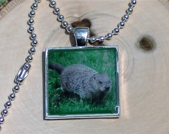 Woodchuck Necklace Groundhog Necklace Marmot Portrait - Woodchuck Necklace - Silver Resin Metal Square Pendant Necklace - MADE TO ORDER