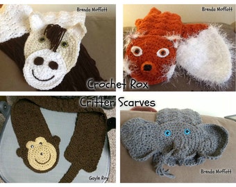 Critter Scarves pattern pack Horse, Monkey, Elephant, Fox w/bonus Cat scarf pattern, Crochet animal scarf PATTERNS