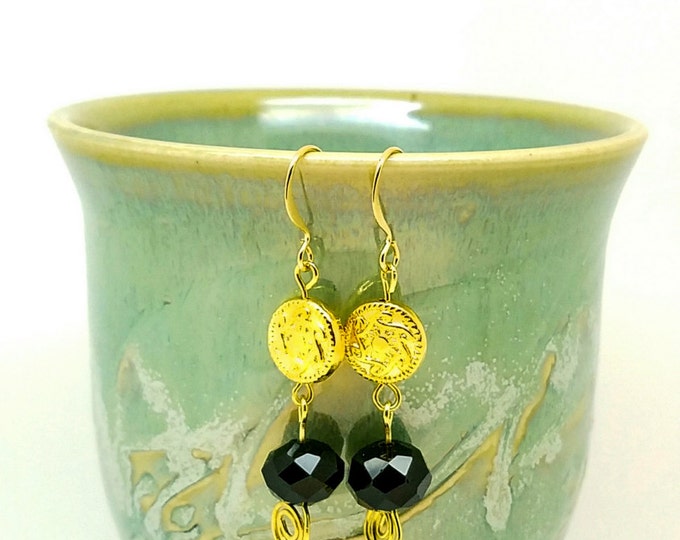 Black gold earrings, black gold jewelry, black drop earrings, earrings black gold, black gold bead hoop, gold earrings dangle