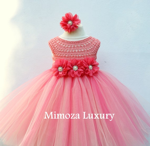 Coral Peach Flower girl dress, coral tutu dress, bridesmaid dress, coral princess dress, crochet top tulle dress, hand knit tutu dress
