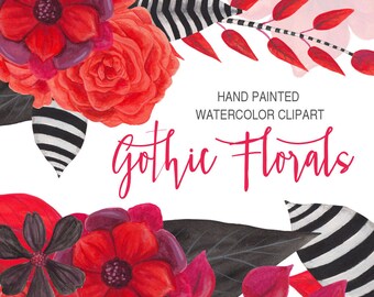 gothic watercolor floral clipart, black and red flowers, hand painted watercolor graphics, goth florals watercolor wedding graphics