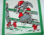 Vintage 1930s Child's Hanky Chicks Playing Baseball Linen Hanky Signed Tom Lamb Red White and Green