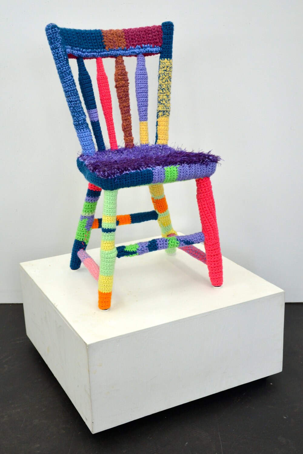 Rainbow Yarn Bombed Accent Chair Knit and Crocheted Home