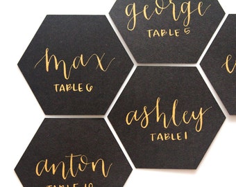set of 10 hexagon calligraphy escort cards | place cards | seating assignments