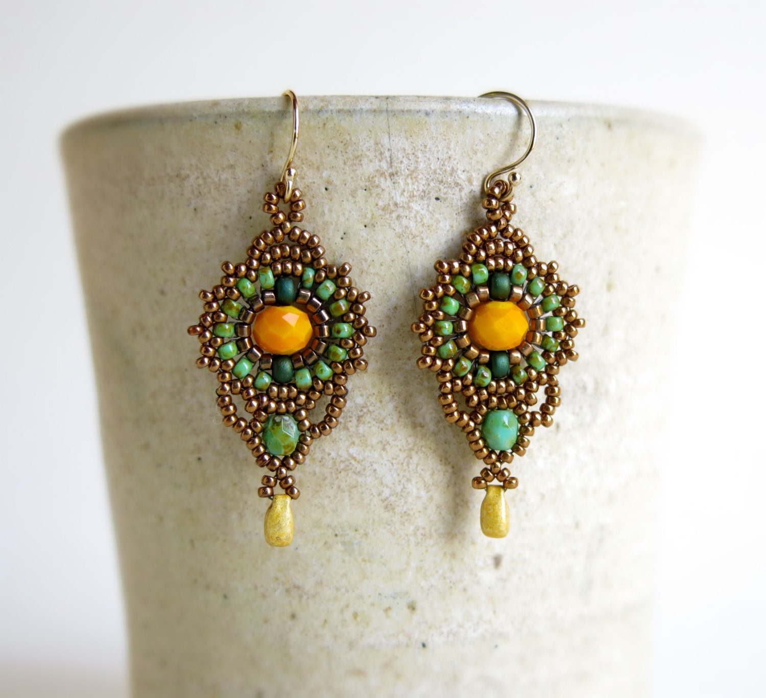 Yellow dangle earring Bohemian earrings Beadwork earrings