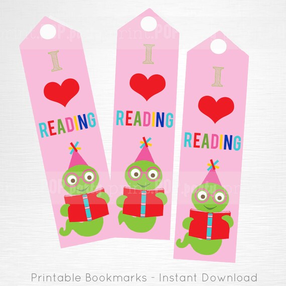 Pink Bookworm Birthday Party Printable Bookmarks Kids Party