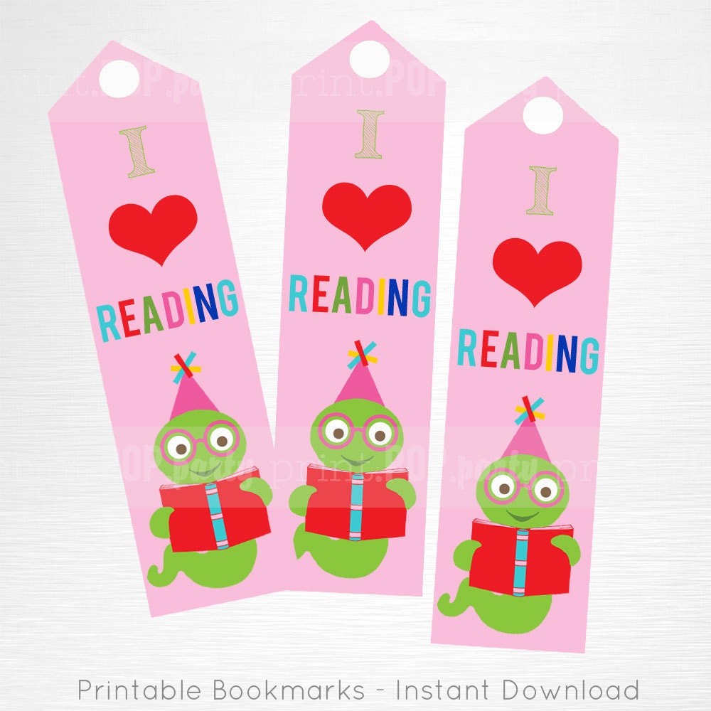 Pink Bookworm Birthday Party Printable Bookmarks Kids Party