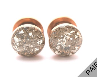 Silver Crushed Glass on Rose Gold Plugs / 16g, 10g, 8g, 6g, 4g, 2g, 0g, 00g, 7/16, 1/2, 9/16, 5/8, 11/16, 3/4, 7/8, 1 in / Glass Plugs