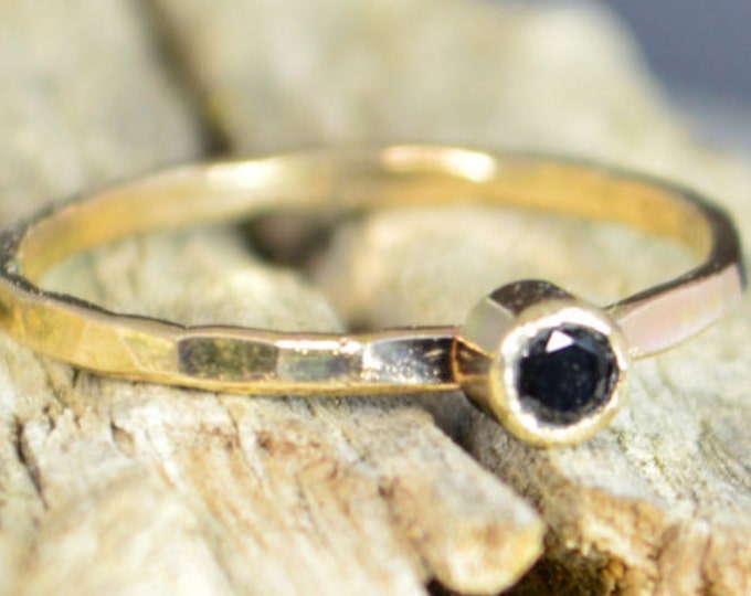 Classic Solid 14k Gold Black Spinel Ring, 3mm gold solitaire, solitaire ring, real gold, Solitiare, Mothers Ring, Solid gold band, gold