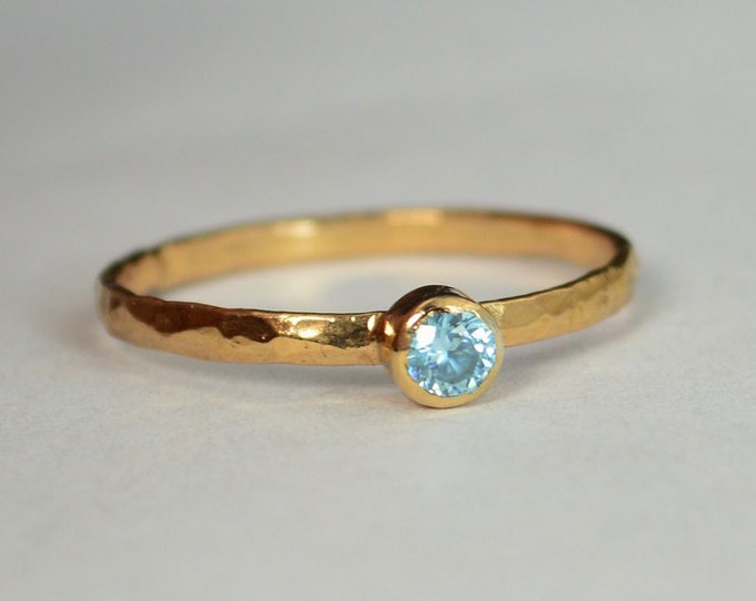 Classic Solid 14k Rose Gold Aquamarine Ring, 3mm Solitaire, Blue Ring, Real Gold, March Birthstone, Mothers Ring, Solid Rose Gold, band