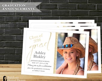 Graduation Announcement/Invitation, Class of 2016, Gold and Glitter Modern Custom Photo Invitation, Digital File