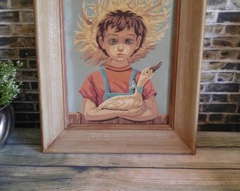 Paint by Number, Vintage PBN, Vintage Wall Decor, Vintage Portrait, Young Boy with Goose, Straw Hat, Big Eyes, Framed Vintage Oil Painting