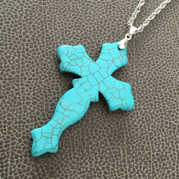 Necklace, Cross Pendant, Turquoise Howlite. Cross Necklace. Christian Jewelry. Gift for Her. Stocking Stuffer. Large Cross.