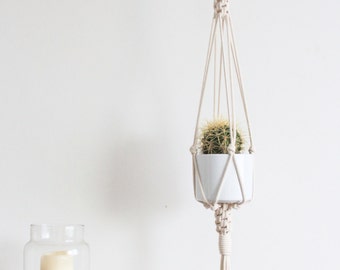 Macrame Plant Hanger > 100% Cotton Cord in Natural Ecru with Chinese Knot Detail & Wooden Ring